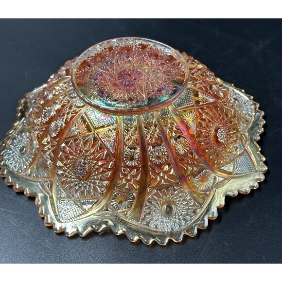 Vintage Iridescent Amber Sunflower Orange Carnival Glass Bowl Scalloped Edges - Picture 5 of 11